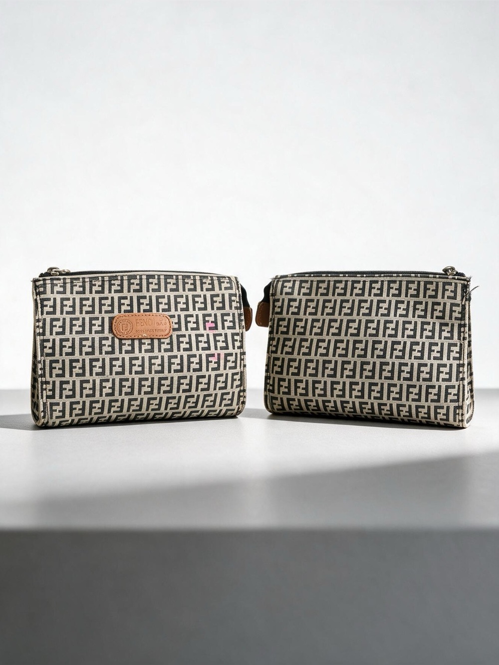 Fendi Zucca Canvas Cosmetic Pouch Bag | Brown FF Logo Mini Bag | Made in Italy